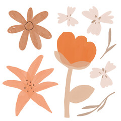 A soft watercolor illustration of different flowers and butterflies in warm earthy shades, creating a whimsical and delicate floral scene.
