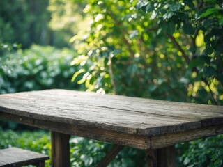 Fototapeta premium Rustic Wooden Table and Stool Set in a Lush Green Garden, Nature Background.