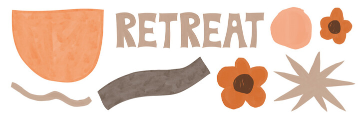 A playful watercolor banner with the word "RETREAT" surrounded by flowers, leaves, and abstract shapes in warm earthy tones, evoking relaxation and nature.
