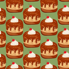 Seamless pattern for kitchen decor and more. Delicious chocolate cupcake with whipped cream and cherry. Vector cartoon illustration of sweet food.