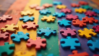 Colorful jigsaw puzzle pieces scattered flat surface. Symbol of autism awareness and Autistic Pride Day. Educational concept promotes learning, play, children development, challenge solution.