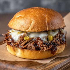 Juicy pulled pork sandwich, topped with melted cheese & pickled relish on a toasted bun