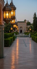 Fototapeta premium Illuminated Pathway to Moroccan Palace at Dusk: A Serene Evening in Marrakech