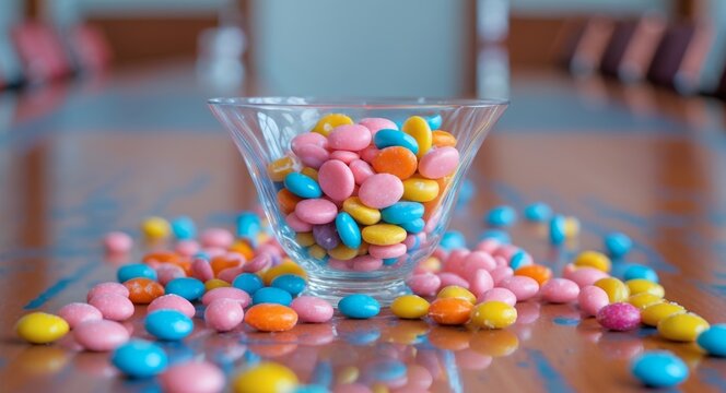 Colorful Candy Coated Chocolate Lentils Overflowing from a Glass Bowl on a Table. - Powered by Adobe