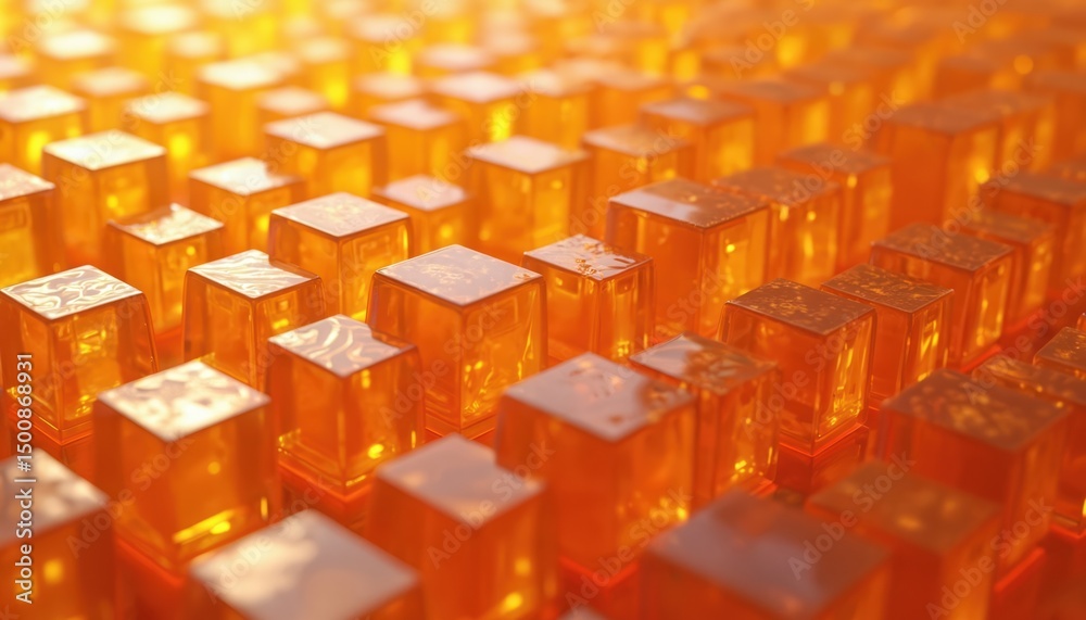 Poster 3D render of geometric pattern made of translucent orange cubes. Illustration ideal tech background, covers data visualization, futuristic design, digital art. Abstract concept.