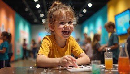 Excited young girl engages in science experiment in museum. Joyful expression, hands-on exploration, happy. Child smiles learning. Education, discovery, knowledge, curiosity, fun, interactive