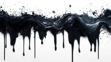 Thick, black fluid spreads horizontally with drips along its lower edge on white