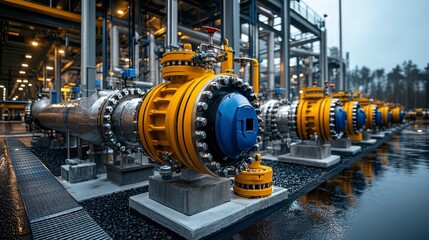 Complex industrial pipelines with valves stand against a backdrop of dense forest and overcast sky