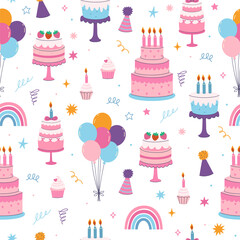Seamless pattern with birthday cakes, cupcakes, balloons. Vector graphics.