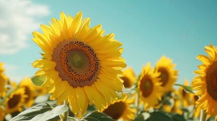 Obraz premium Vibrant sunflower in a sunny field close up view of a blooming sunflower under a clear blue sky