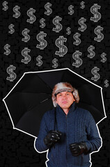 A man takes shelter under an umbrella from falling dollar signs. Conceptual collage symbolizing financial windfall, income overload, or the pressures of wealth and money.