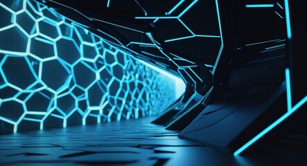 Futuristic SciFi Corridor with Glowing Hexagons and Neon Accents in Dark Ambiance.