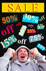 Ecstatic Man Celebrating Huge Discounts and Sales