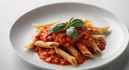 Penne Pasta with Tomato Sauce and Basil on a White Plate Culinary Masterpiece.