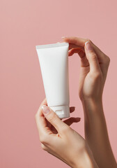 Hands holding white cosmetic tube against pink background