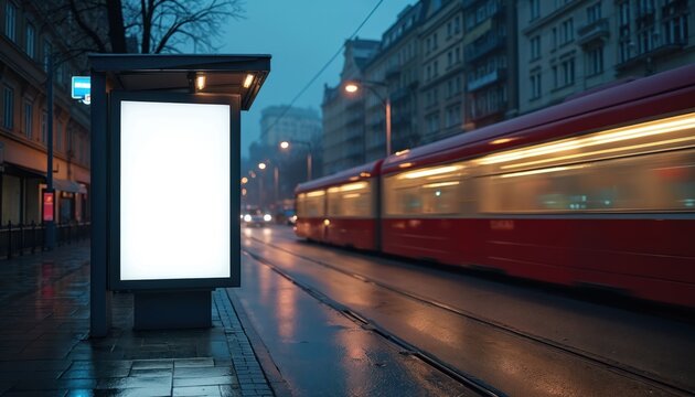 Fototapeta Empty urban billboard at night. Blank advertising display mockup on bus stop in city. Tram on road. Night time scene, rain on street. Modern marketing template for promotion.