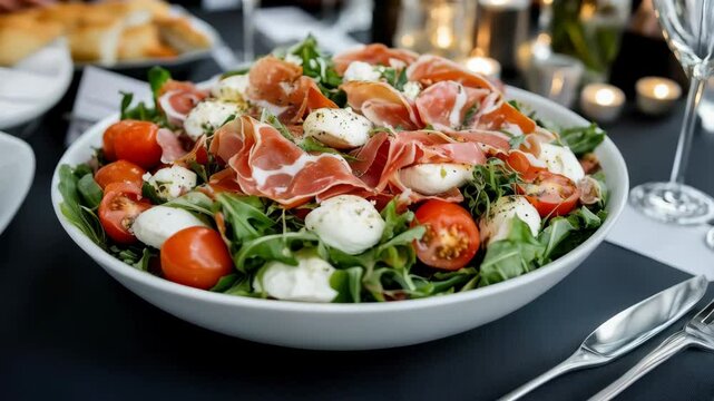 salad with prosciutto in the bowl on the table in restaurant
