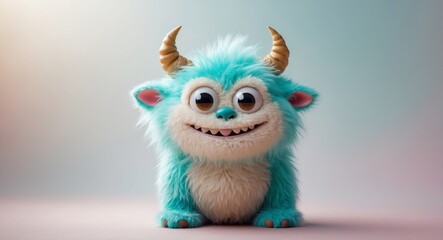 Obraz premium Cute and Fluffy Blue Monster with Horns, Smiling Wide and Looking Adorable.