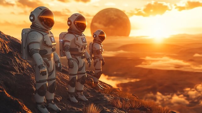 AI-powered robotic astronauts conducting research on an alien planet