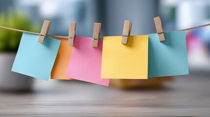 Colorful sticky notes hanging with clips on blurred background.