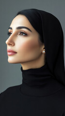 Fototapeta premium Elegance in Silhouette: A stunning portrait captures a poised individual wearing a sophisticated black hijab, her gaze reflecting a serene strength.