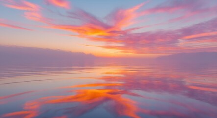 Fototapeta premium Breathtaking Sunset Reflection Over Calm Waters, A Peaceful and Colorful Landscape.