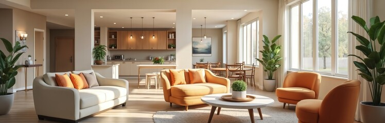 Comfortable assisted living interior design. Spacious home with bright living room, kitchen, dining area. Modern cozy apartments for senior citizens. Relaxing retirement home with stylish furniture