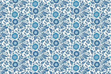 artistic blue flower outline design, seamless cotton line motif, textile surface for gift wrap, clothing and pillow fabrics

