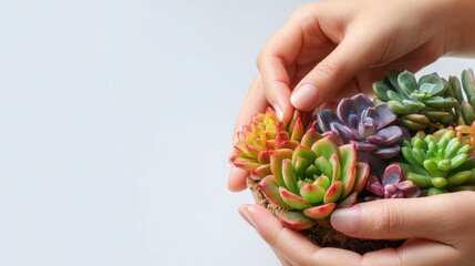 Minimalist succulents in top view on a white background, featuring a banner and copy space for branding or promotional design projects.