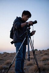 Young East Asian Man Practicing Astrophotography, Setting Up a Camera on a Tripod to Capture the Night Sky in an Outdoor Setting