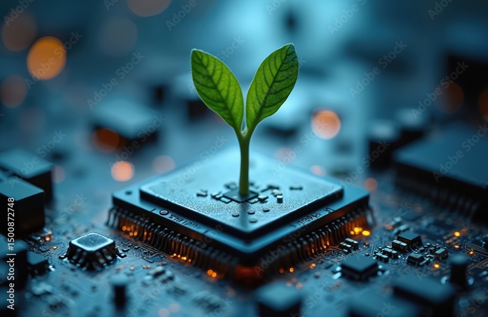 Poster green sprout grows from microchip on computer processor. modern tech meets nature, symbolizes eco-fr