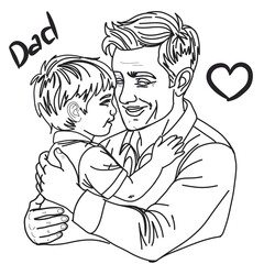A cute image of a father and his beloved son, whom he gently holds in his arms. Illustration for Father's Day. A gift for your parents. Чудове зображення для всіх ваших продуктів.