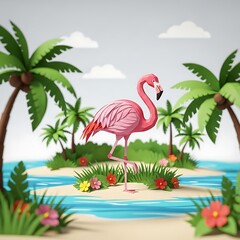 Obraz premium Flamingo tropical island beach palm trees summer vacation paradise exotic bird wildlife nature art