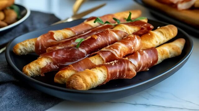 grissini sticks wrapped in jamon on black plate on the table