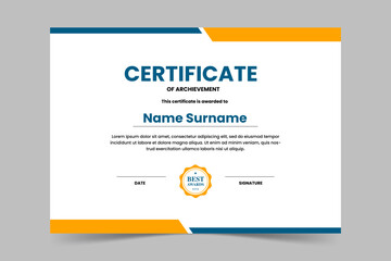 Modern elegant blue and yellow geometric certificate template. Appreciation for business and education. Vector illustration