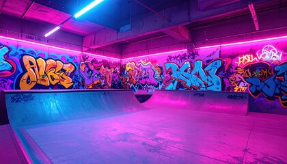 Fototapeta premium Graffiti art adorning indoor skatepark. Neon lights illuminating ramps/walls