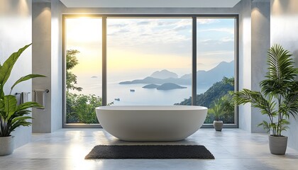 Modern bathroom with panoramic ocean view.