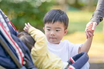 In March, at a sunny forested park in Japan, a 3-year-old Japanese boy gently touches his baby sibling in a stroller. This photo captures a tender sibling moment in a quiet spring setting.