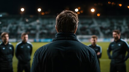 A thoughtful coach faces his soccer team on the field at night, illuminated by stadium lights, prepa them for the challenges of the upcoming game.
