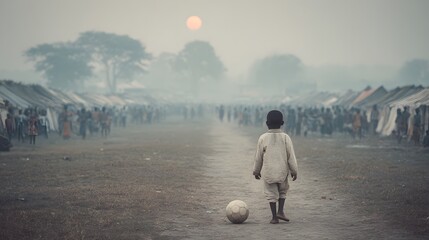 A lone young boy walks with his soccer ball towards a refugee camp shrouded in mist as the sun rises painting a hopeful yet somber scene of displacement.