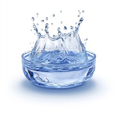 A water splash in a clear bowl.  A dynamic splash erupts from the water's surface inside a shallow, round bowl.  Light reflects off the liquid, creating a clear, vibrant visual
