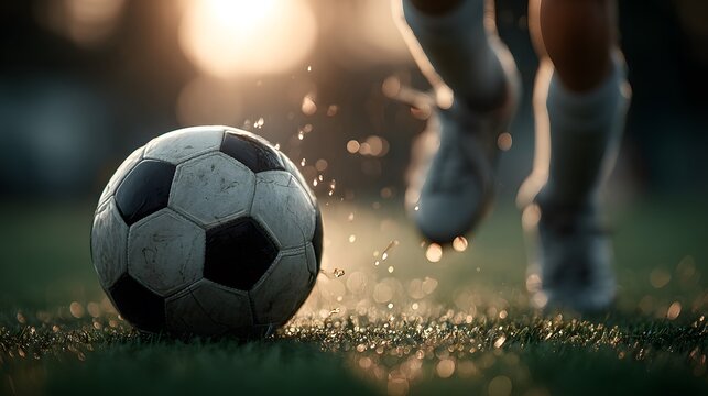 A soccer ball sits on the green grass with the player's feet in motion as they practice kicking with a beautiful golden light shining at the background behind them.