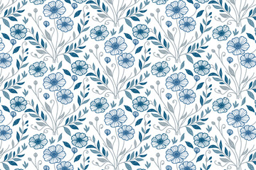 minimal blue botanical flower repeat, seamless cotton sketch pattern, textile print for wallpaper, bed linens and fashion use

