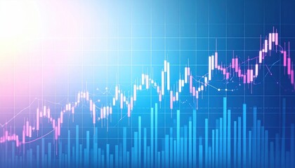 Candlestick chart with bars, trending upwards, on a blue gradient grid background