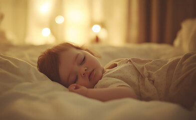 Baby girl is lying and sleeping in bed at home or hospital