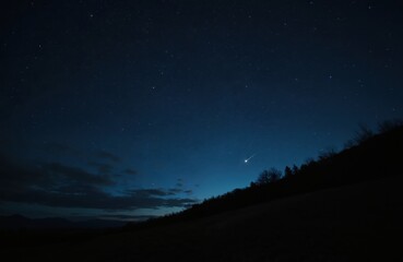 Fototapeta premium Night sky. Stars galaxies shine at dusk. Bright starry sky, deep space and the Milky Way. Landscape with forest silhouette. Astronomy art, celestial beauty.
