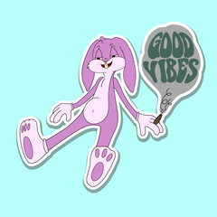 High bunny with pink fur holding a joint, smoke rising to form the words good vibes, relaxed expression, trippy and surreal cartoon style.