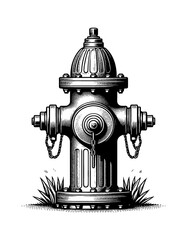 Black and White Illustration of a Classic Fire Hydrant with Grass in Detailed Engraving Style