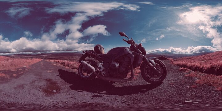Motocicleta oscura en paisaje panor&aacute;mico