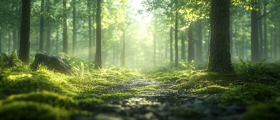Obraz premium Lush green forest with sunlight filtering through leaves, moss-covered ground, rich textures and serene atmosphere – immersive nature landscape in soft morning light